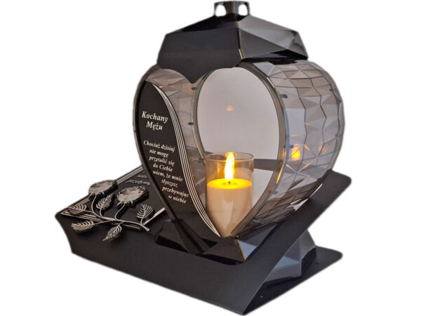 MĄŻ MĘŻOWI ZNICZ LAMPION NA GRÓB SERCE SREBRO SKOS SENTENCJA+ ŚWIECA