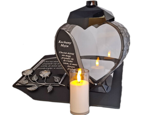 MĄŻ MĘŻOWI ZNICZ LAMPION NA GRÓB SERCE SREBRO SKOS SENTENCJA+ ŚWIECA