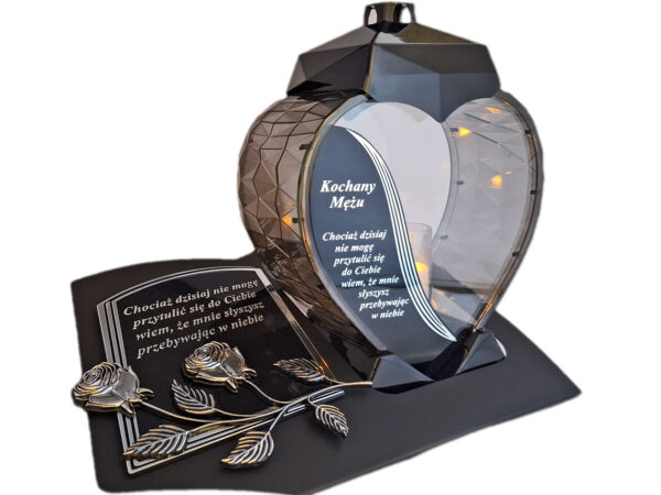 MĄŻ MĘŻOWI ZNICZ LAMPION NA GRÓB SERCE SREBRO SKOS SENTENCJA+ ŚWIECA