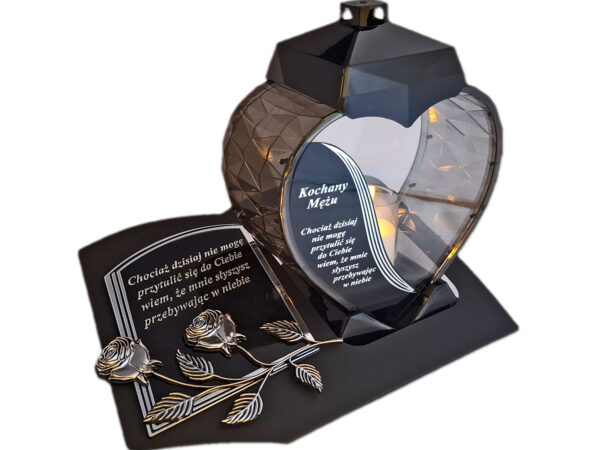 MĄŻ MĘŻOWI ZNICZ LAMPION NA GRÓB SERCE SREBRO SKOS SENTENCJA+ ŚWIECA