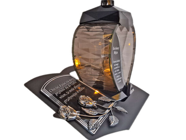 MĄŻ MĘŻOWI ZNICZ LAMPION NA GRÓB SERCE SREBRO SKOS SENTENCJA+ ŚWIECA