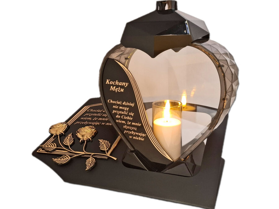 MĄŻ MĘŻOWI ZNICZ LAMPION NA GRÓB SERCE ZŁOTO SKOS SENTENCJA+ ŚWIECA