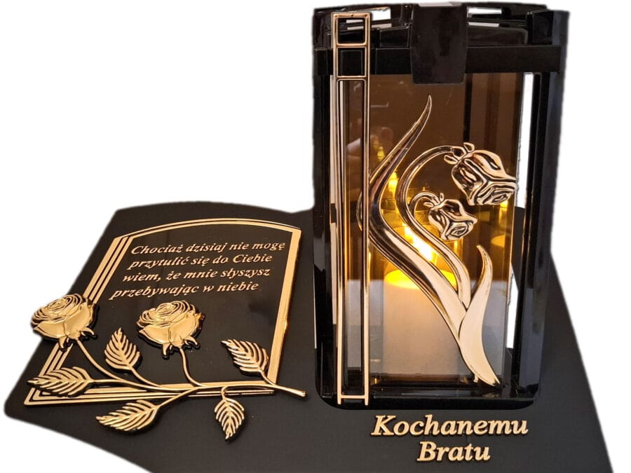 BRAT BRATU ZNICZ LAMPION NA GRÓB PLK RÓŻA ZŁ CZARNY SKOS SENTENCJA+ ŚWIECA