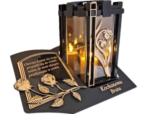 BRAT BRATU ZNICZ LAMPION NA GRÓB PLK RÓŻA ZŁ CZARNY SKOS SENTENCJA+ ŚWIECA