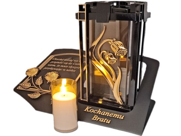 BRAT BRATU ZNICZ LAMPION NA GRÓB PLK RÓŻA ZŁ CZARNY SKOS SENTENCJA+ ŚWIECA