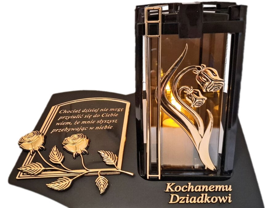 blach-plk-3d-ro-zl-dzi-sw1.jpg DZIADEK ZNICZ LAMPION NA GRÓB PLK RÓŻA ZŁ CZARNY SKOS SENTENCJA+ ŚWIECA