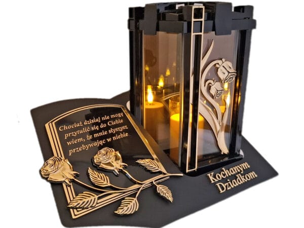 blach-plk-3d-ro-zl-dzia-sw3.jpg DZIADKOM ZNICZ LAMPION NA GRÓB PLK RÓŻA ZŁ CZARNY SKOS SENTENCJA+ ŚWIECA