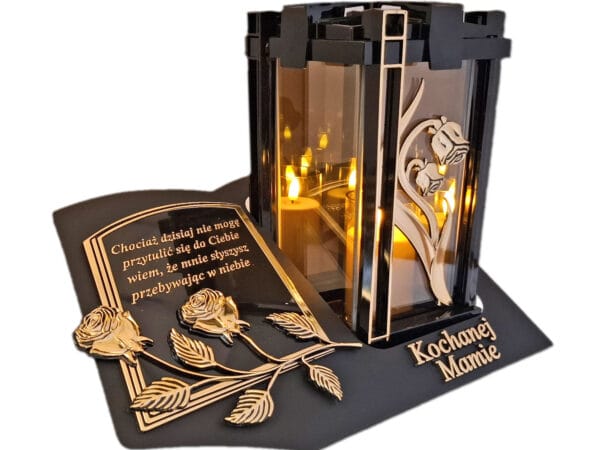 blach-plk-3d-ro-zl-mam-sw4.jpg MAMA MAMIE ZNICZ LAMPION NA GRÓB PLK RÓŻA ZŁ CZARNY SKOS SENTENCJA+ ŚWIECA