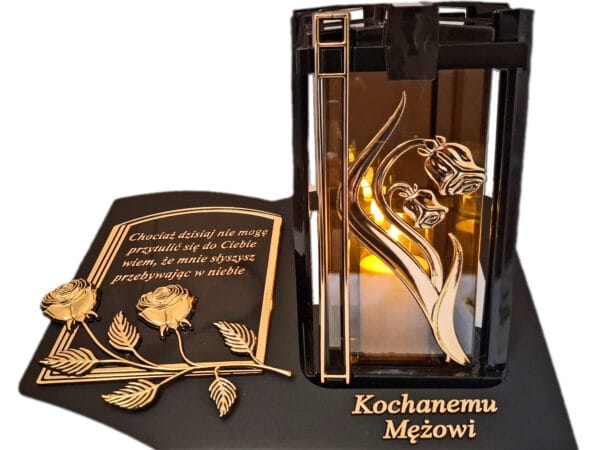 MĄŻ MĘŻOWI ZNICZ LAMPION NA GRÓB PLK RÓŻA ZŁ CZARNY SKOS SENTENCJA+ ŚWIECA