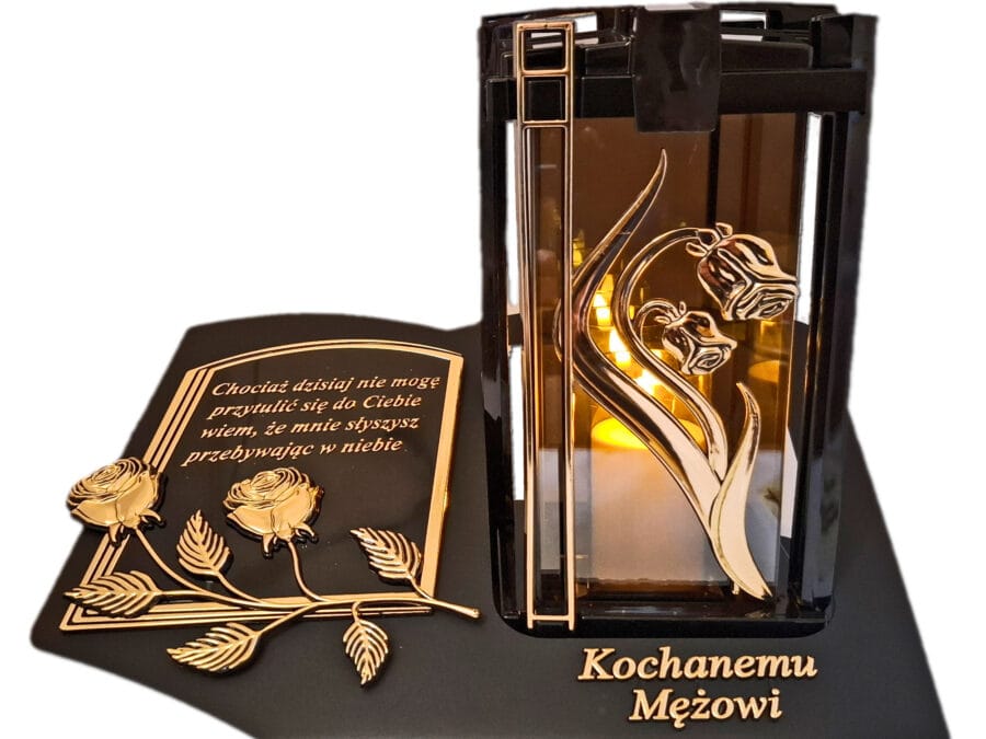blach-plk-3d-ro-zl-maz-sw1.jpg MĄŻ MĘŻOWI ZNICZ LAMPION NA GRÓB PLK RÓŻA ZŁ CZARNY SKOS SENTENCJA+ ŚWIECA