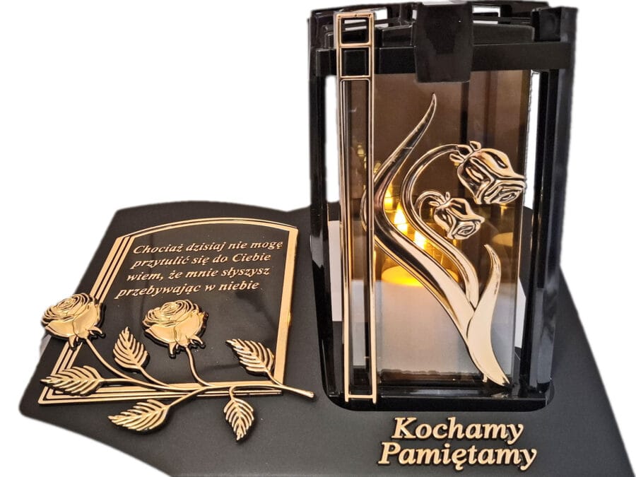 PAMIĘTAMY ZNICZ LAMPION NA GRÓB PLK RÓŻA ZŁ CZARNY SKOS SENTENCJA+ ŚWIECA