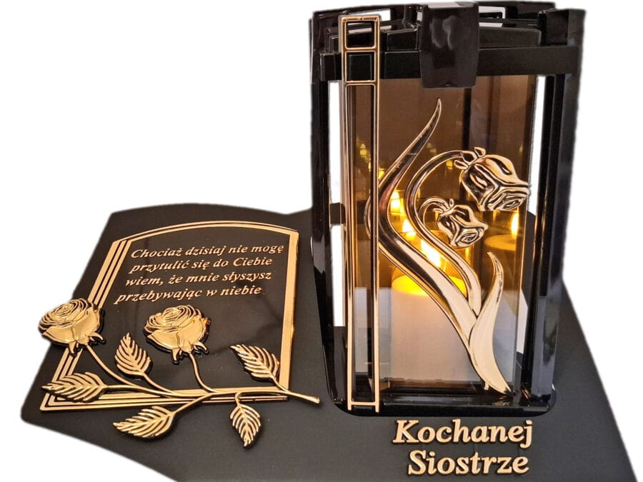 SIOSTRA SIOSTRZE ZNICZ LAMPION NA GRÓB PLK RÓŻA ZŁ C SKOS SENTENCJA+ ŚWIECA