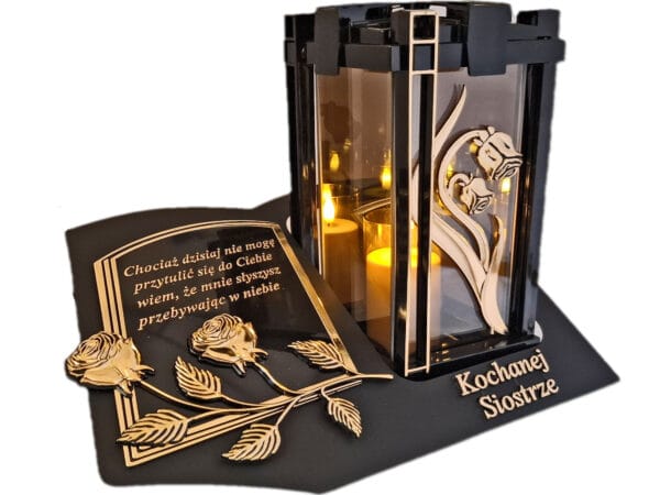 blach-plk-3d-ro-zl-sio-sw4.jpg SIOSTRA SIOSTRZE ZNICZ LAMPION NA GRÓB PLK RÓŻA ZŁ C SKOS SENTENCJA+ ŚWIECA