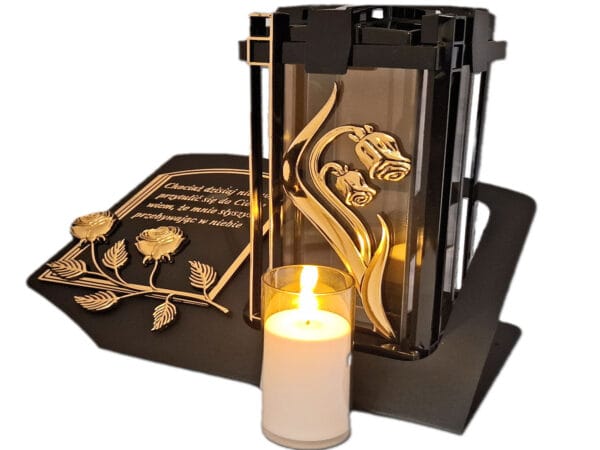 ZNICZ LAMPION NA GRÓB PLK RÓŻA ZŁ CZARNY SKOS SENTENCJA+ ŚWIECA