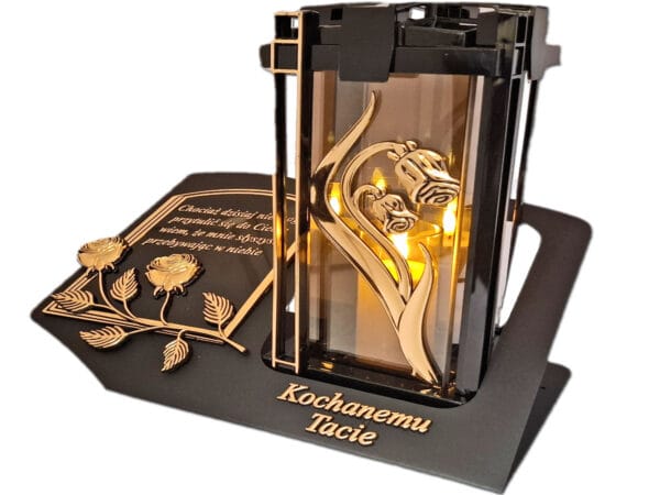 blach-plk-3d-ro-zl-tata-sw3.jpg TATA TACIE ZNICZ LAMPION NA GRÓB PLK RÓŻA ZŁ CZARNY SKOS SENTENCJA+ ŚWIECA