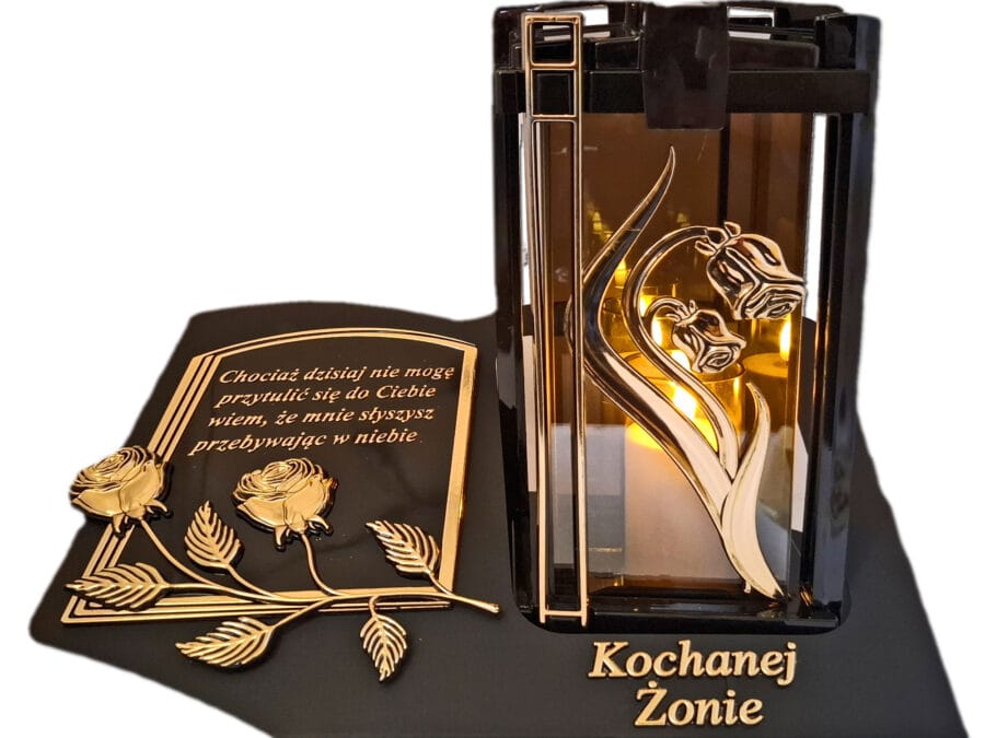 ŻONA ŻONIE ZNICZ LAMPION NA GRÓB PLK RÓŻA ZŁ CZARNY SKOS SENTENCJA+ ŚWIECA