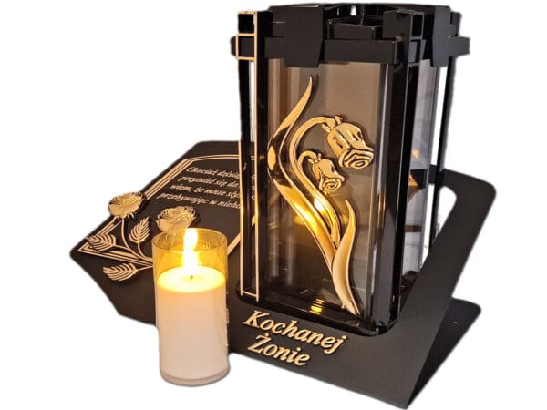 ŻONA ŻONIE ZNICZ LAMPION NA GRÓB PLK RÓŻA ZŁ CZARNY SKOS SENTENCJA+ ŚWIECA