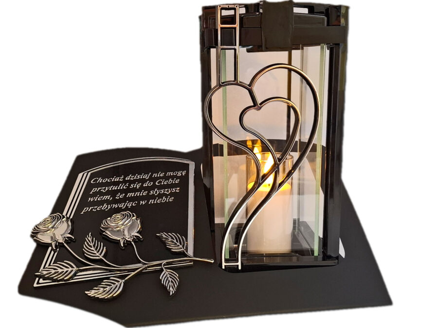 ZNICZ LAMPION NA GRÓB PLK SERCE SREBRO CZARNY SKOS SENTENCJA+ ŚWIECA