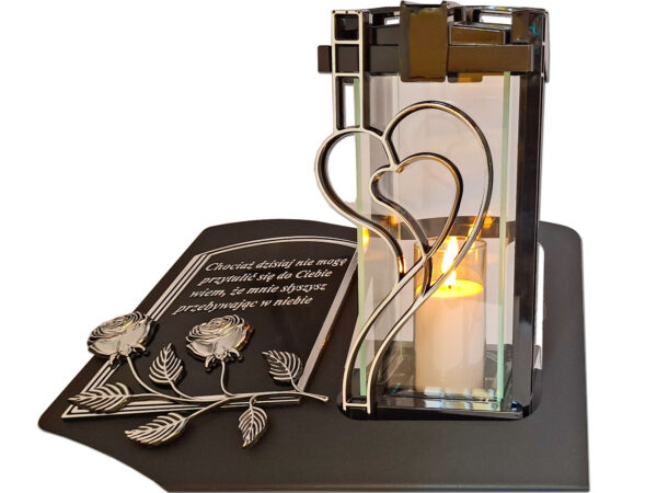 ZNICZ LAMPION NA GRÓB PLK SERCE SREBRO CZARNY SKOS SENTENCJA+ ŚWIECA