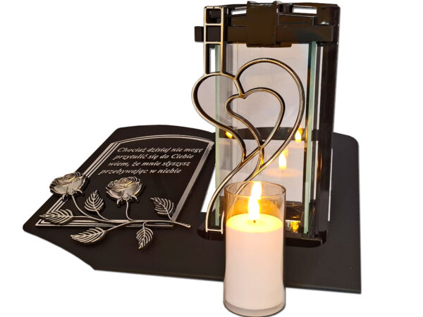 ZNICZ LAMPION NA GRÓB PLK SERCE SREBRO CZARNY SKOS SENTENCJA+ ŚWIECA