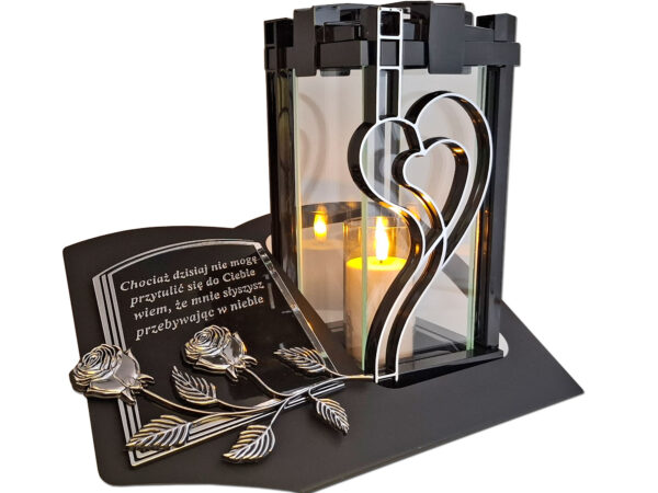ZNICZ LAMPION NA GRÓB PLK SERCE SREBRO CZARNY SKOS SENTENCJA+ ŚWIECA