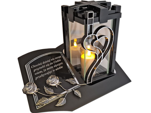 ZNICZ LAMPION NA GRÓB PLK SERCE SREBRO CZARNY SKOS SENTENCJA+ ŚWIECA