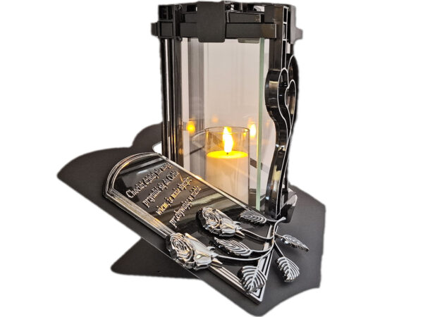 ZNICZ LAMPION NA GRÓB PLK SERCE SREBRO CZARNY SKOS SENTENCJA+ ŚWIECA