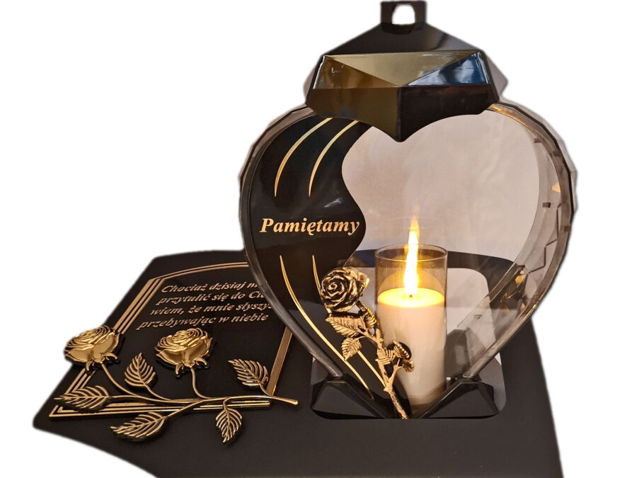 PAMIĘTAMY ZNICZ LAMPION NA GRÓB SERCE DUŻE CZARNE SKOS SENTENCJA+ ŚWIECA