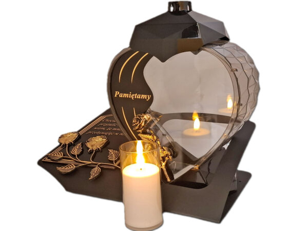 PAMIĘTAMY ZNICZ LAMPION NA GRÓB SERCE DUŻE CZARNE SKOS SENTENCJA+ ŚWIECA