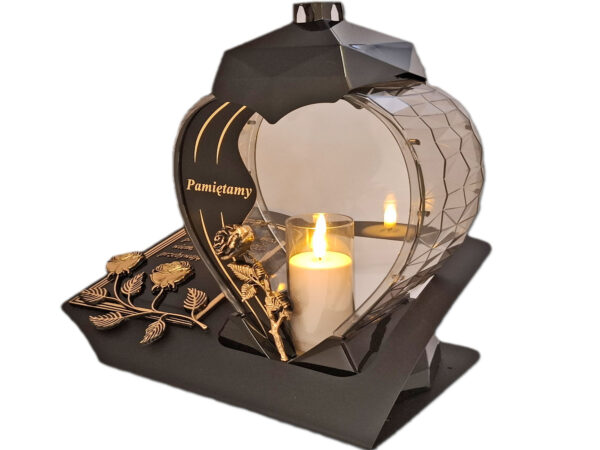 PAMIĘTAMY ZNICZ LAMPION NA GRÓB SERCE DUŻE CZARNE SKOS SENTENCJA+ ŚWIECA
