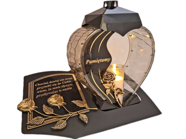 PAMIĘTAMY ZNICZ LAMPION NA GRÓB SERCE DUŻE CZARNE SKOS SENTENCJA+ ŚWIECA