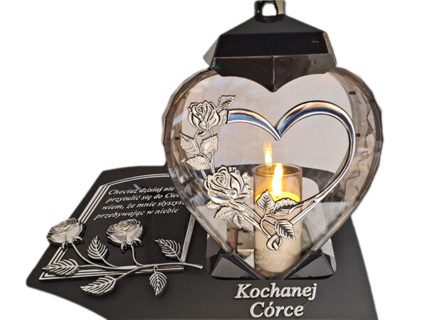 CÓRKA CÓRCE ZNICZ LAMPION NA GRÓB SERCE SREBRO SKOS SENTENCJA+ ŚWIECA