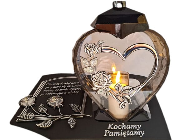 PAMIĘTAMY ZNICZ LAMPION NA GRÓB SERCE I SERCE SREBRO SKOS SENTENCJA+ ŚWIECA