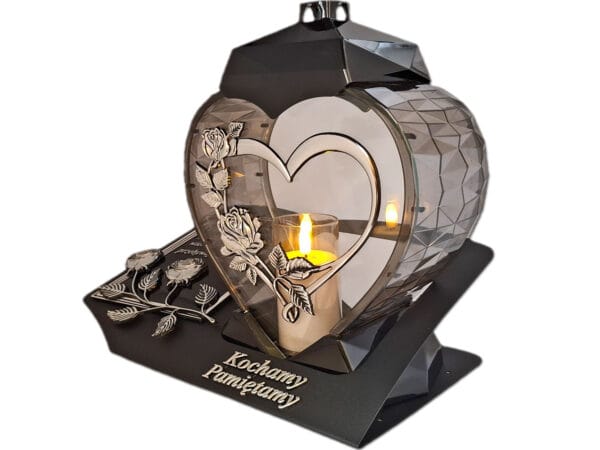 PAMIĘTAMY ZNICZ LAMPION NA GRÓB SERCE I SERCE SREBRO SKOS SENTENCJA+ ŚWIECA