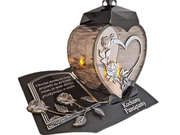 PAMIĘTAMY ZNICZ LAMPION NA GRÓB SERCE I SERCE SREBRO SKOS SENTENCJA+ ŚWIECA