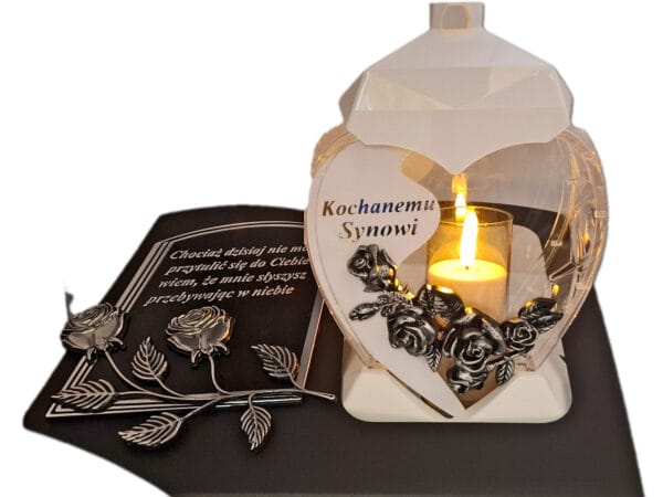 SYN SYNOWI ZNICZ LAMPION NA GRÓB SERCE M BIAŁE SKOS SENTENCJA+ ŚWIECA