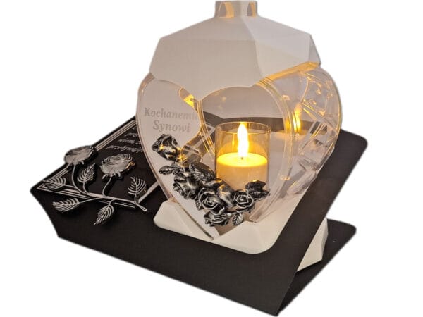 SYN SYNOWI ZNICZ LAMPION NA GRÓB SERCE M BIAŁE SKOS SENTENCJA+ ŚWIECA