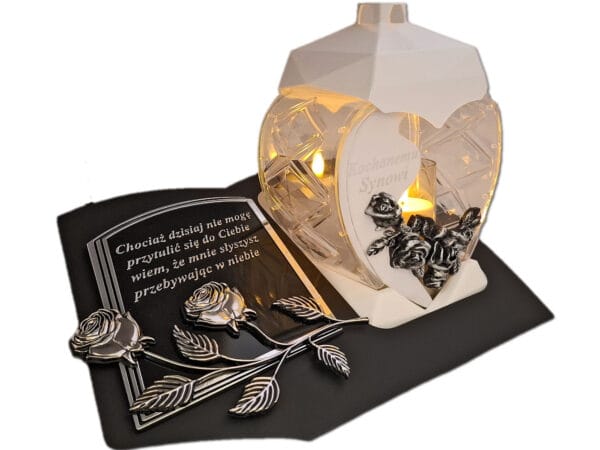 SYN SYNOWI ZNICZ LAMPION NA GRÓB SERCE M BIAŁE SKOS SENTENCJA+ ŚWIECA