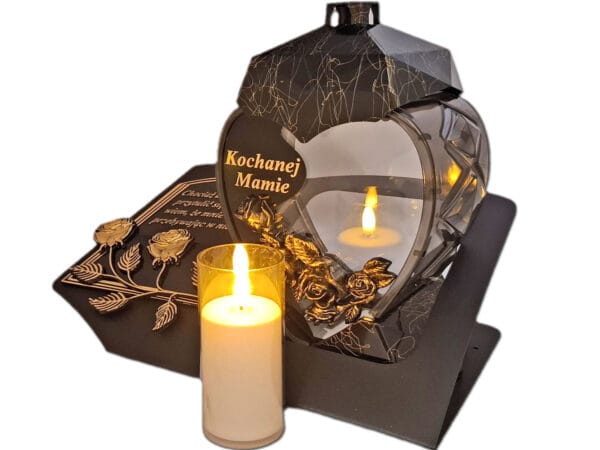 MAMA MAMIE ZNICZ LAMPION NA GRÓB SERCE M CZARNE SKOS SENTENCJA+ ŚWIECA