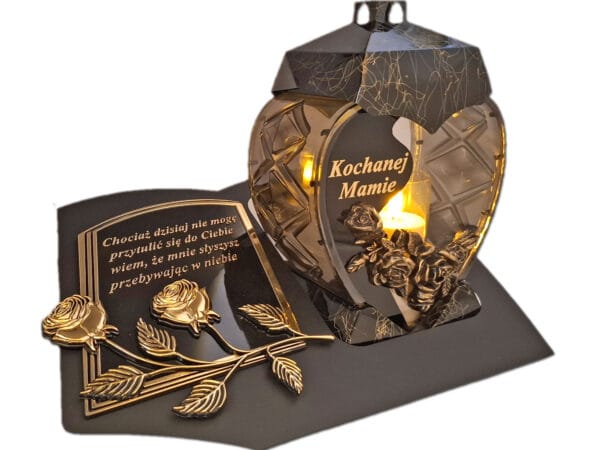 MAMA MAMIE ZNICZ LAMPION NA GRÓB SERCE M CZARNE SKOS SENTENCJA+ ŚWIECA