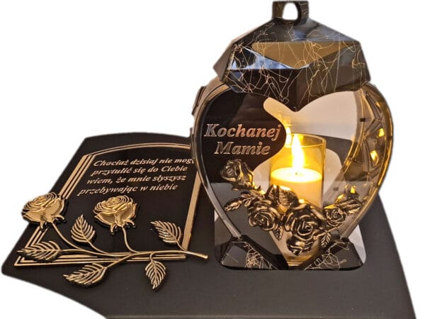 MAMA MAMIE ZNICZ LAMPION NA GRÓB SERCE M CZARNE SKOS SENTENCJA+ ŚWIECA