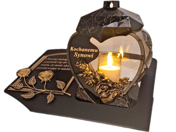 SYN SYNOWI ZNICZ LAMPION NA GRÓB SERCE M CZARNE SKOS SENTENCJA+ ŚWIECA