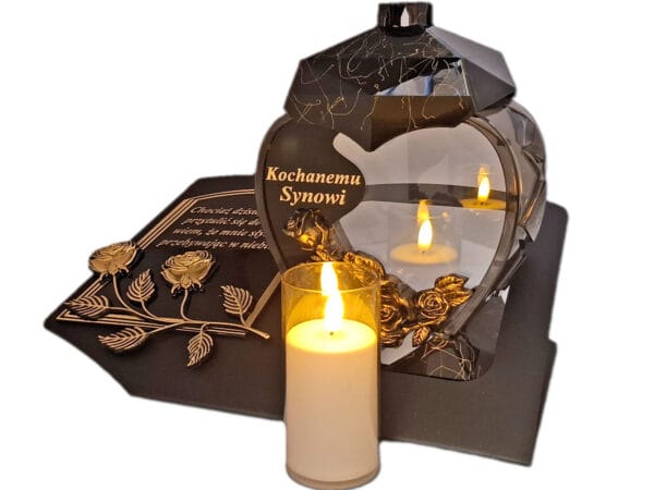 SYN SYNOWI ZNICZ LAMPION NA GRÓB SERCE M CZARNE SKOS SENTENCJA+ ŚWIECA