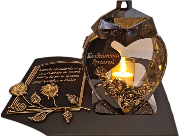 SYN SYNOWI ZNICZ LAMPION NA GRÓB SERCE M CZARNE SKOS SENTENCJA+ ŚWIECA
