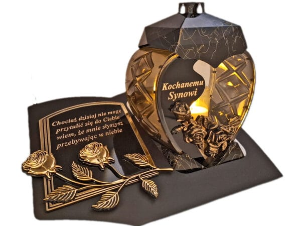 SYN SYNOWI ZNICZ LAMPION NA GRÓB SERCE M CZARNE SKOS SENTENCJA+ ŚWIECA