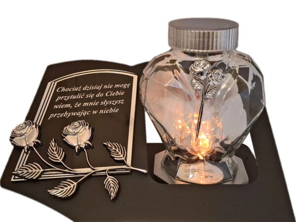 SOLAR SOLARNY ZNICZ LAMPION NA GRÓB SERCE SZKŁO SREBRO SKOS SENTENCJA