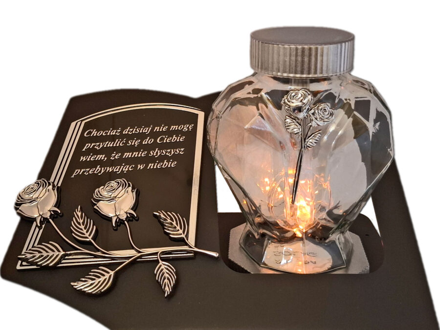 SOLAR SOLARNY ZNICZ LAMPION NA GRÓB SERCE SZKŁO SREBRO SKOS SENTENCJA