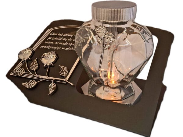 SOLAR SOLARNY ZNICZ LAMPION NA GRÓB SERCE SZKŁO SREBRO SKOS SENTENCJA