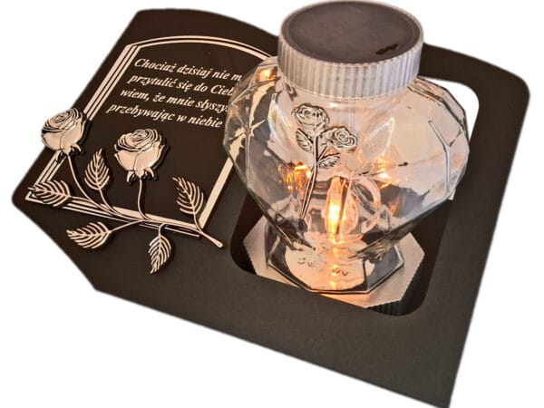SOLAR SOLARNY ZNICZ LAMPION NA GRÓB SERCE SZKŁO SREBRO SKOS SENTENCJA