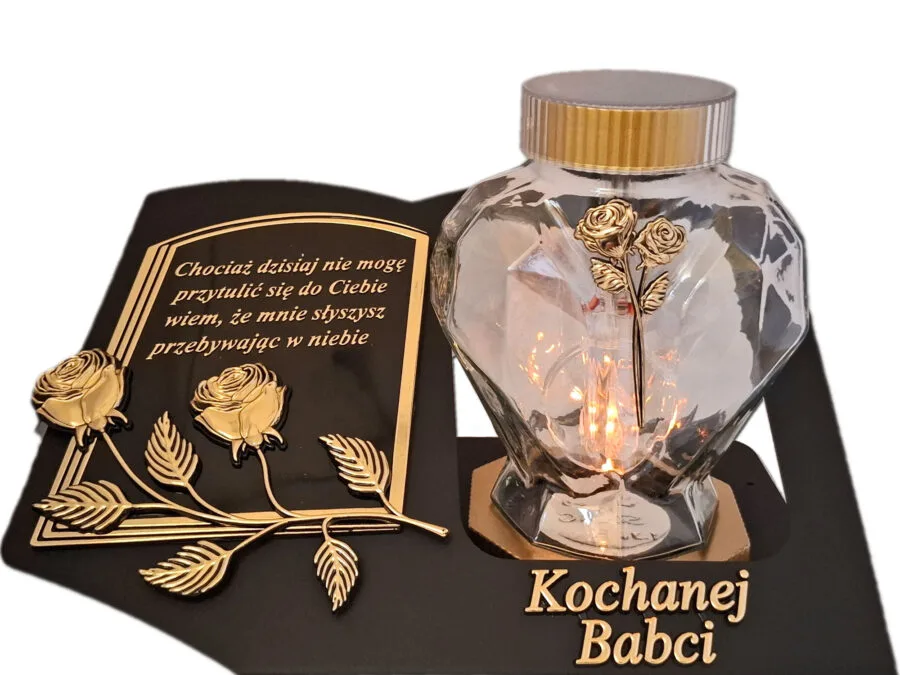 BABCIA BABCI SOLARNY ZNICZ LAMPION NA GRÓB SERCE SZKŁO ZŁOT SKOS SENTENCJA